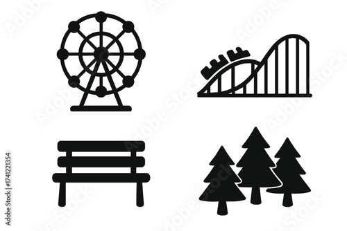 Amusement park icon set. Vector collection of entertainment and recreation symbols. Roller coaster, ferris wheel, park bench, and forest trees silhouette signs for funfair.