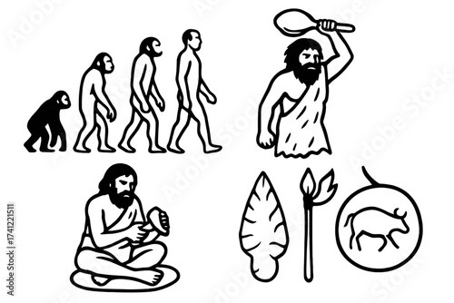 Human evolution vector icon set. Prehistoric man from ape to modern human. Stone age concept with caveman, tools, arrowhead, and cave painting. Anthropology progress.