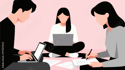 Three people working with laptops and documents