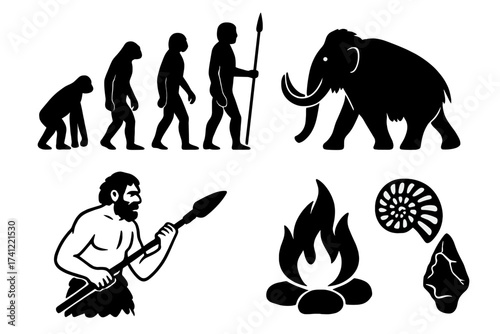Human evolution vector icon set. Prehistory and stone age collection. March of progress from ape to man. Caveman with spear, mammoth, campfire, fossil and ancient flint tool.