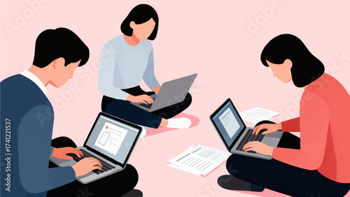 Three people using laptops on floor