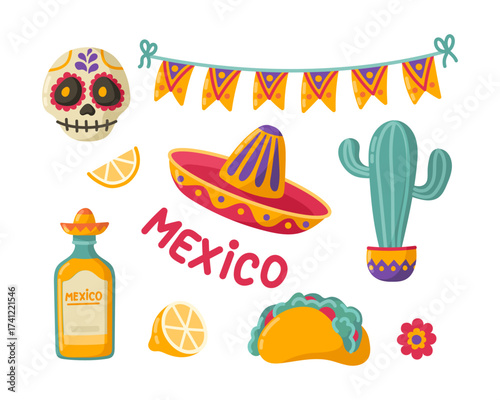 Mexican vector set with sombrero, sugar skull, cactus, tequila, taco, lemon and festive garland. Perfect for Cinco de Mayo and fiesta decor.
