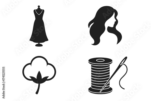 Vector logo collection for fashion and garment industry. Icons for sewing, tailoring and beauty. Dress on mannequin, woman hair silhouette, cotton flower, needle and thread spool.