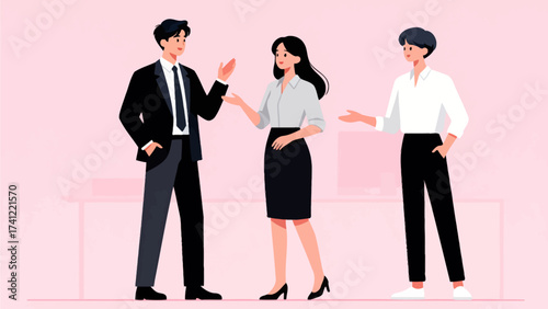 Three people in business attire conversing