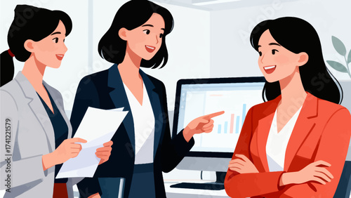 Three women in business attire discussing data