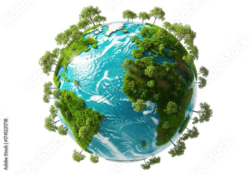Lush green planet with trees isolated on a transparent background