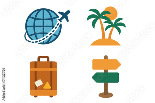 Collection of travel and vacation vector icons. Globe with airplane, tropical island with palm trees, luggage, and direction signpost. Summer holiday and tourism concept.
