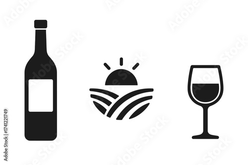 Wine icon set. Vector symbols of bottle, glass and vineyard. Concept of winemaking, agriculture and harvest. Flat pictogram for winery logo, bar menu or alcohol store.