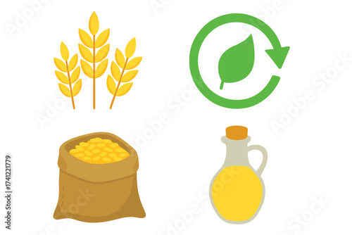 Set of agriculture and ecology icons. Wheat ear, sack of grain, jug with oil, and green leaf recycle symbol. Concept for organic food, sustainable farming, harvest, and biofuel.