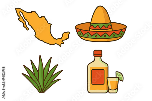 Set of vector icons representing Mexico. Mexican culture and travel symbols. Sombrero hat, blue agave plant, country map and tequila bottle with a shot glass and lime wedge.