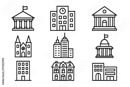Building icon set. Government, municipal and public buildings. Line art collection. Vector icons of school, bank, courthouse, church, skyscraper, house, office, city hall.