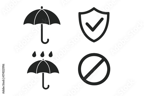 Protection icon set. Umbrella for rain and waterproof. Shield with checkmark for security, safety, and guarantee. Approved symbol. Forbidden, restricted, and cancel sign. Vector.