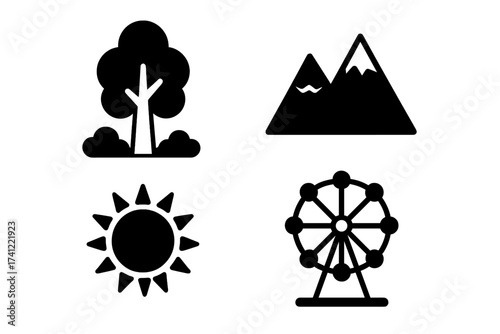 Nature and recreation icon collection. Set of black glyph symbols for outdoor, fun, travel and leisure. Tree, mountain, sun and ferris wheel isolated vector signs for design.