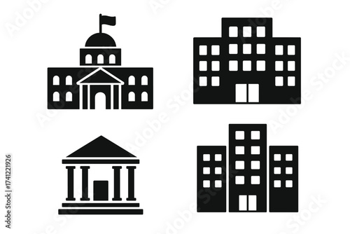 Building icon set. Vector collection of municipal and center icons. Government, bank, courthouse, office building silhouettes. City architecture symbols for web and print design.