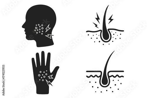 Skin problem icon set. Dermatology vector symbols. Face and hand with acne, rash, allergy. Hair follicle inflammation and pain icon. Medical illustration for dermatology clinic.