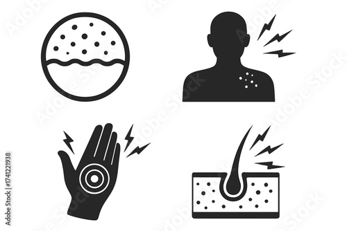 Pain dermatology icon set. Skin allergy, rash, inflammation vector symbols. Body ache, shoulder pain, hand palm ache, hair follicle irritation, dermatitis, psoriasis concept icons.