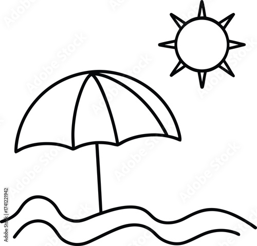 Simple line drawing of a beach umbrella and sun over wavy water, isolated on white background