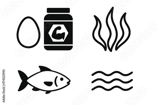 Protein sources and sea life icon set. Vector collection of food and nutrition glyphs for fitness and diet. Includes egg, fish, whey supplement, seaweed and water wave symbols.
