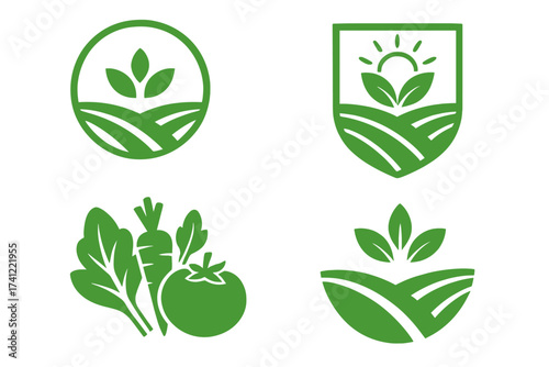Agriculture logo set, farm icon collection. Organic food, natural product symbol. Healthy vegetable, plant sprout, green leaf emblem. Vegan, bio, eco fresh food label.