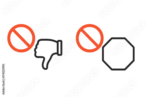 Stop and refuse icon collection. No symbol with thumbs down and octagon sign. Concept of prohibition, warning, ban, rejection, and disapproval. Vector line art pictogram.