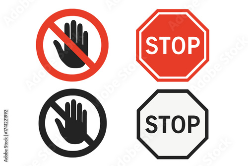 Stop sign and no entry hand icon collection. Vector set of prohibition and warning traffic signs. Danger, refuse, and restriction symbols isolated on white background.