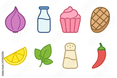 Food icons set. Cooking ingredients collection. Vector illustration pack. Flat cartoon style. Onion, milk, cupcake, steak, lemon, basil, salt, chili. Grocery product symbols.
