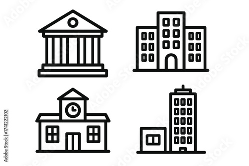 Building icon set vector illustration. Line art collection of municipal and center symbols. Bank, school, university, office, skyscraper. Urban architecture, real estate design.