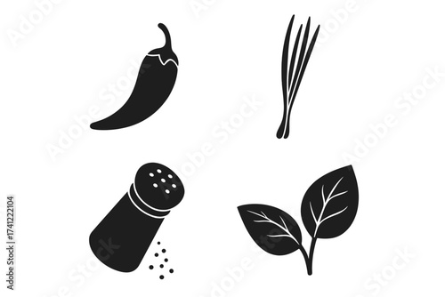 Spices and herbs icon collection. Vector glyph set of chili pepper, salt shaker, chives, basil leaf. Concept of seasoning, taste, cooking ingredients. Isolated black silhouette.