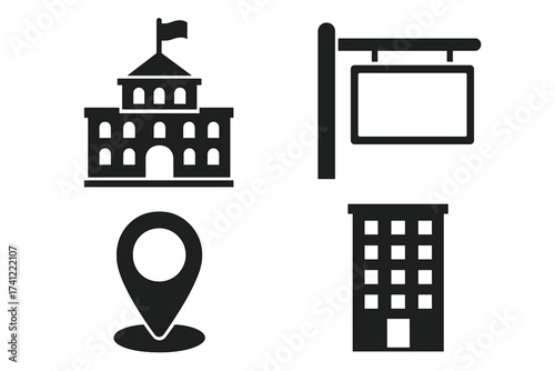 Municipal building icon set for city and town center. Vector collection with government hall, courthouse, location pin, navigation marker, business sign and office block glyphs.