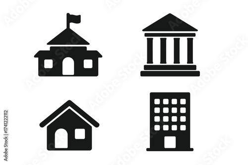 Building icon set vector collection. Simple flat black silhouettes of municipal and residential buildings. School, bank, courthouse, home, office. Real estate architecture signs.