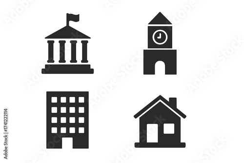 Building icon set vector. Collection of city architecture symbols. Government, courthouse, bank, clock tower, office building, and house icons. Municipal pictogram glyph sign.