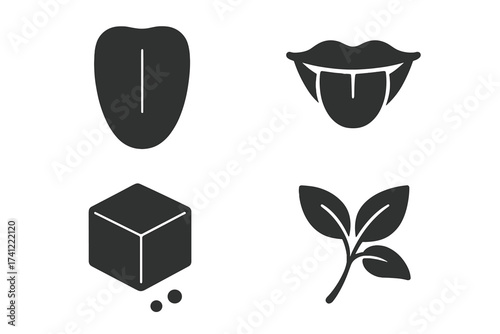 Taste and seasoning glyph icons set. Food flavor concepts collection. Tongue, mouth sticking out tongue, sugar cube, and mint leaf silhouettes. Isolated vector symbols for ui/ux.