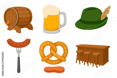 Oktoberfest vector icon collection. German beer festival set with beer mug, pretzel, sausage, barrel, and Bavarian hat. Bar and pub food and drink symbols for celebration.
