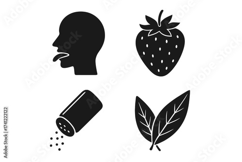Four food tastes icon set. Sweet, salty, sour, fresh flavor symbols. Strawberry fruit, salt or pepper shaker, herb leaf and human head with tongue tasting vector collection.