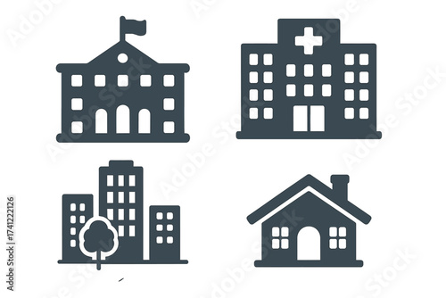 Vector icon set of municipal and city buildings. Collection includes hospital, city hall, and house symbols. Flat design for real estate, government, and web graphics.
