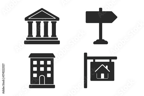 Municipal buildings and real estate vector icon set. Collection includes bank, courthouse, apartment, house for sale and direction sign. Urban graphic elements for web design.