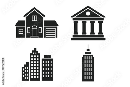 Building icons vector set. House, bank, courthouse, office glyphs. Real estate and urban architecture symbols. Residential home, municipal, city center silhouette collection.