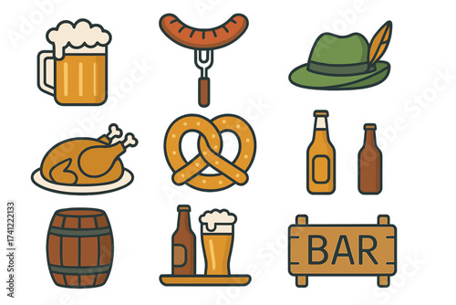 Oktoberfest icon set vector illustration. German beer festival symbols collection. Bavarian food and drink flat line icons. Pretzel, sausage, beer mug, chicken, and barrel.