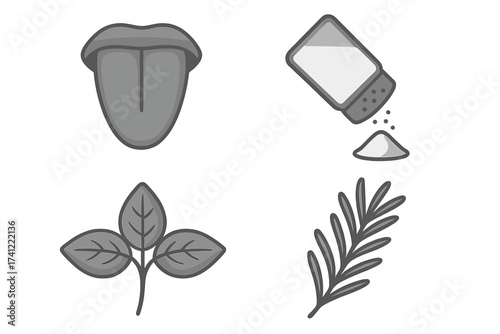Vector icon set of taste and seasoning. Human tongue, salt shaker, basil leaves, and rosemary sprig. Isolated symbols for flavor, cooking, food, and kitchen ingredients.
