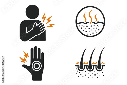 Pain and dermatology icon set. Body ache, chest pain, shoulder injury, hand arthritis. Skin inflammation, rash, body odor, pores. Hair loss, follicle, alopecia. Medical symbol.