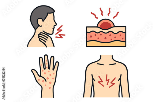 Vector icon set of disease symptoms. Sore throat, skin rash, allergy, chest pain. Dermatology and pain symbol collection. Medical illustration for healthcare concepts.