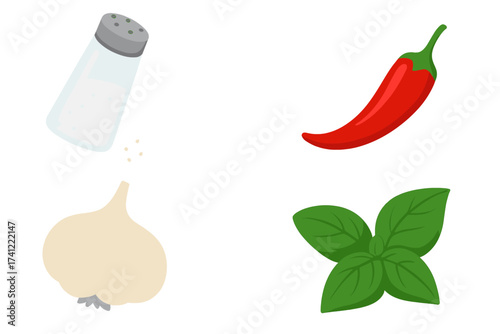 Vector set of spices and herbs. Collection of isolated cooking ingredients. Salt shaker, red hot chili pepper, garlic bulb, and basil leaves. Food seasoning and flavor icons.