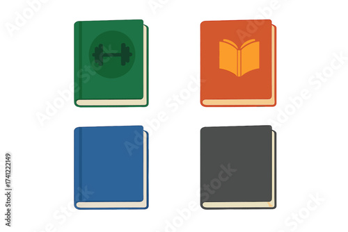 Set of book icons. Collection of books for training and reading. Vector illustration of textbook covers. Library or education symbols. Fitness guide and open book logo.