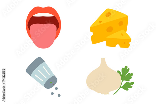 Taste and seasoning flat vector icon set. Food flavor concepts: salty, savory, umami. Isolated collection includes mouth with tongue, salt shaker, cheese, garlic. Cooking graphic.