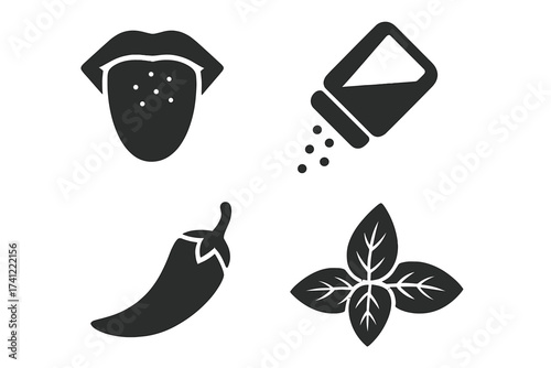 Taste and seasoning icon set. Vector collection of food flavor symbols. Tongue with taste buds, salt shaker, hot chili pepper and fresh basil leaf glyphs for cooking.