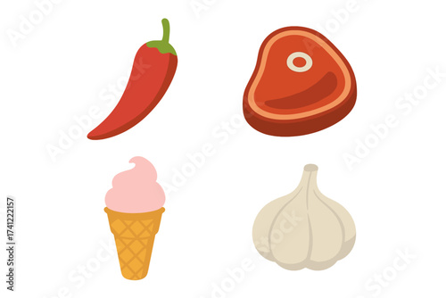 Set of food icons representing different tastes and flavors. Collection of isolated vector illustrations including spicy chili pepper, savory meat steak, sweet ice cream, and pungent garlic.