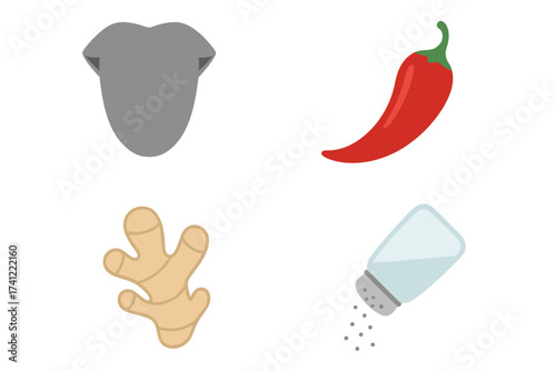 Collection of taste and seasoning icons. Tongue with loss of taste, hot chili pepper, ginger, salt. Vector set for flavor, spice, seasoning, cooking, and health concepts.