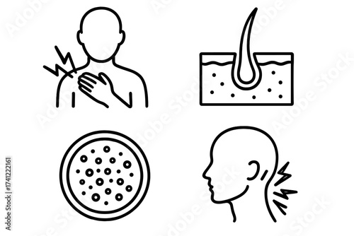 Pain and dermatology line icon set. Shoulder ache, neck pain. Hair follicle, skin layer section. Rash, pimple, acne, skin disease symbol. Medical vector illustration.