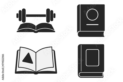 Set of training and education icons. Book symbol for learning, knowledge, study. Manual, guide, textbook concepts. E-learning, audiobook. Gym, fitness, strength metaphor.