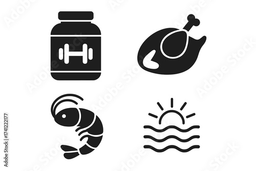 Protein sources icon set with vector glyphs. Food and nutrition symbols for fitness and gym. Whey supplement, chicken poultry, and shrimp seafood logos. Diet concept silhouettes.
